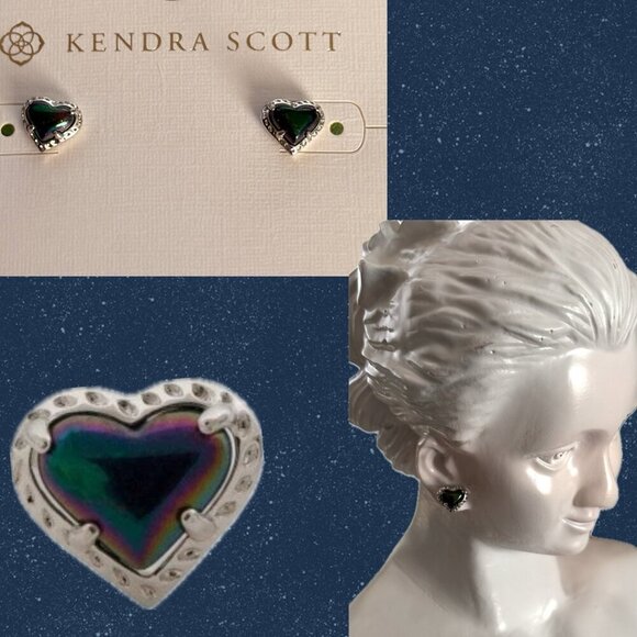 Kendra Scott Navy Blue Iridescent Mini Heart Silver Rhodium Brass Stud Earrings - Picture 1 of 4